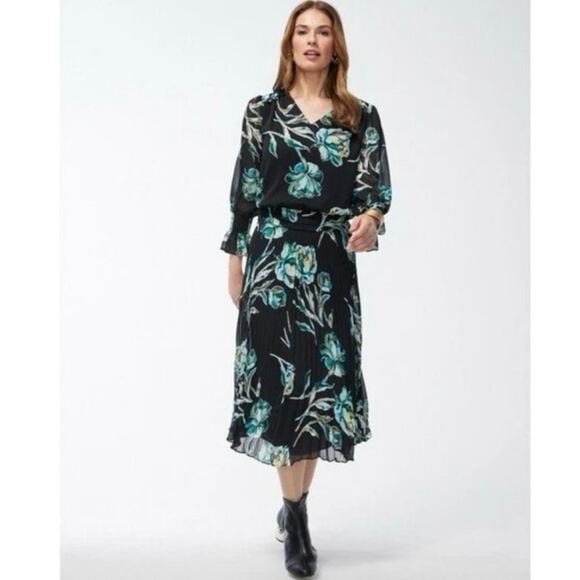 Chico’s midi sheath blouson dress floral pleated smocked chiffon plus 18 - Picture 1 of 14
